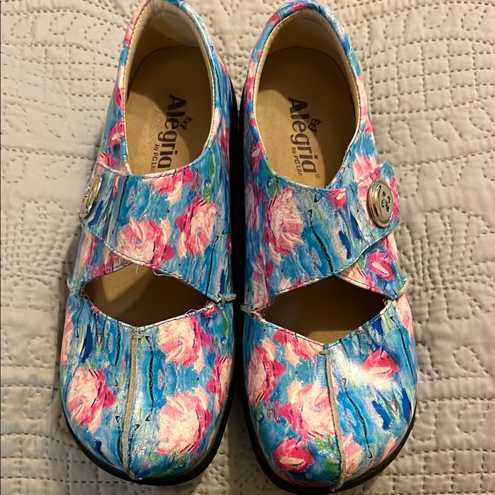 Alegria Blue and Pink Mules with Artistic Floral Design